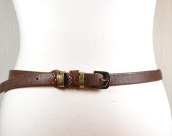 Skinny Brown Leather Belt: Adjustable Vintage Women's Waist Belt