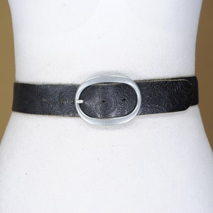 Boho Western Black Embossed Leather Belt for Women, Handcrafted Cowgirl Chic Waist Belt, Tooled Floral Design, Adjustable Southwestern Belt