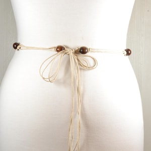 Vintage Boho Rope Belt with Wooden Beads and Adjustable Tie, 1970s Natural Waist Accessory, Beige Cotton Macrame Belt