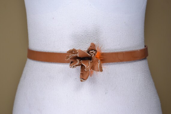 Vintage Tan Leather Belt With Leather Flower: Boho Chic - Etsy display picture 2