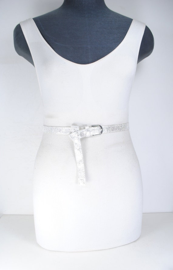 80s 34''  White Silver Skinny metallic belt for w… - image 2