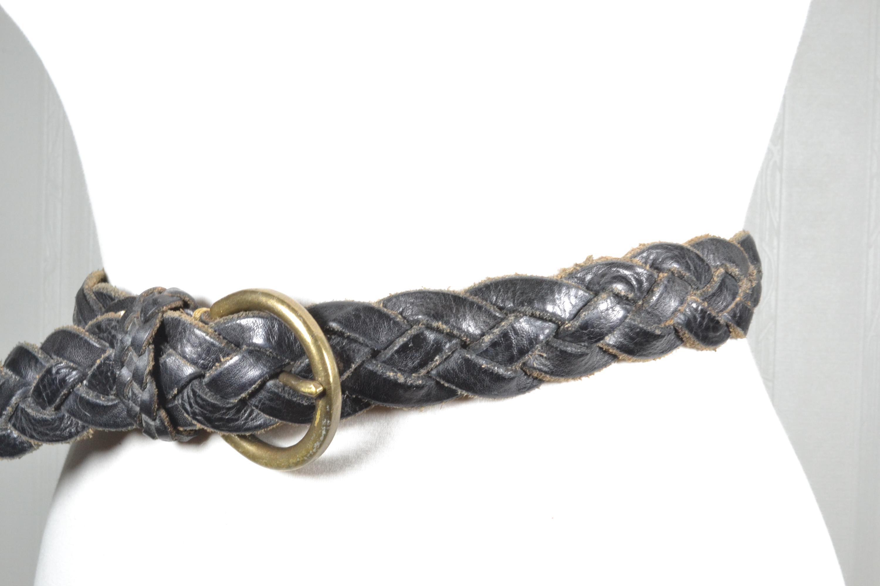 Vintage Black Braided Leather Belt: Rustic Brass Buckle 