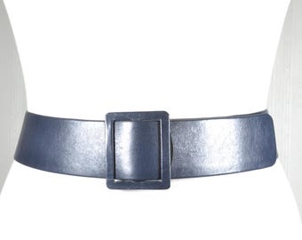 Vintage Navy Blue Leather Wide Belt: Square Buckle, Adjustable