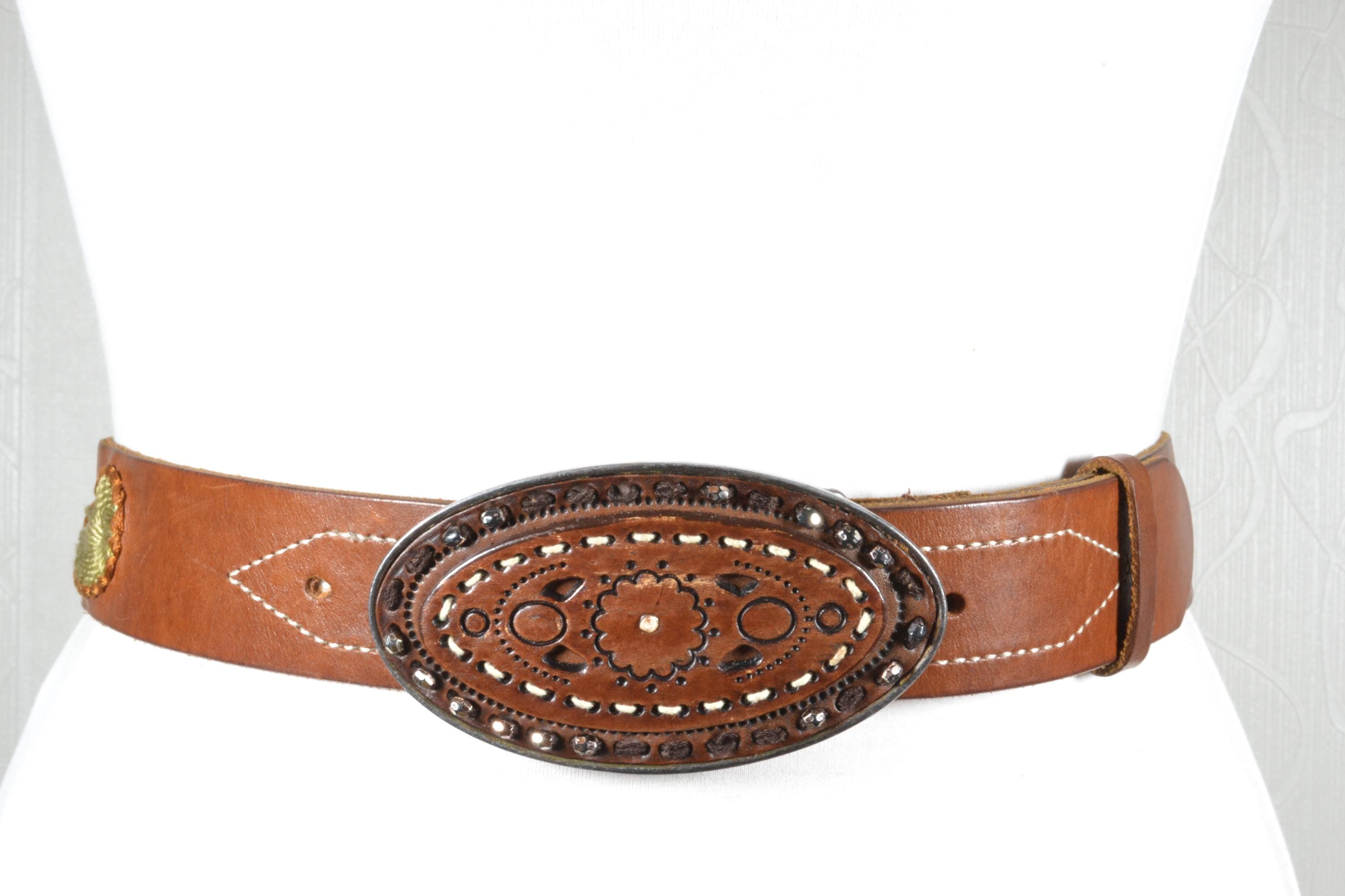 Vintage Brown Leather Belt With Ornate Oval Buckle, Western  display picture 1