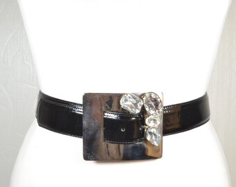Black White Patent Leather Belt Wide Wrap Saddle 60E06364-CF35-44AD-9F45-  main image 4