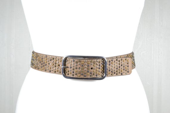 Vintage Studded Tan Leather Belt: 90s Rocker Style With Square