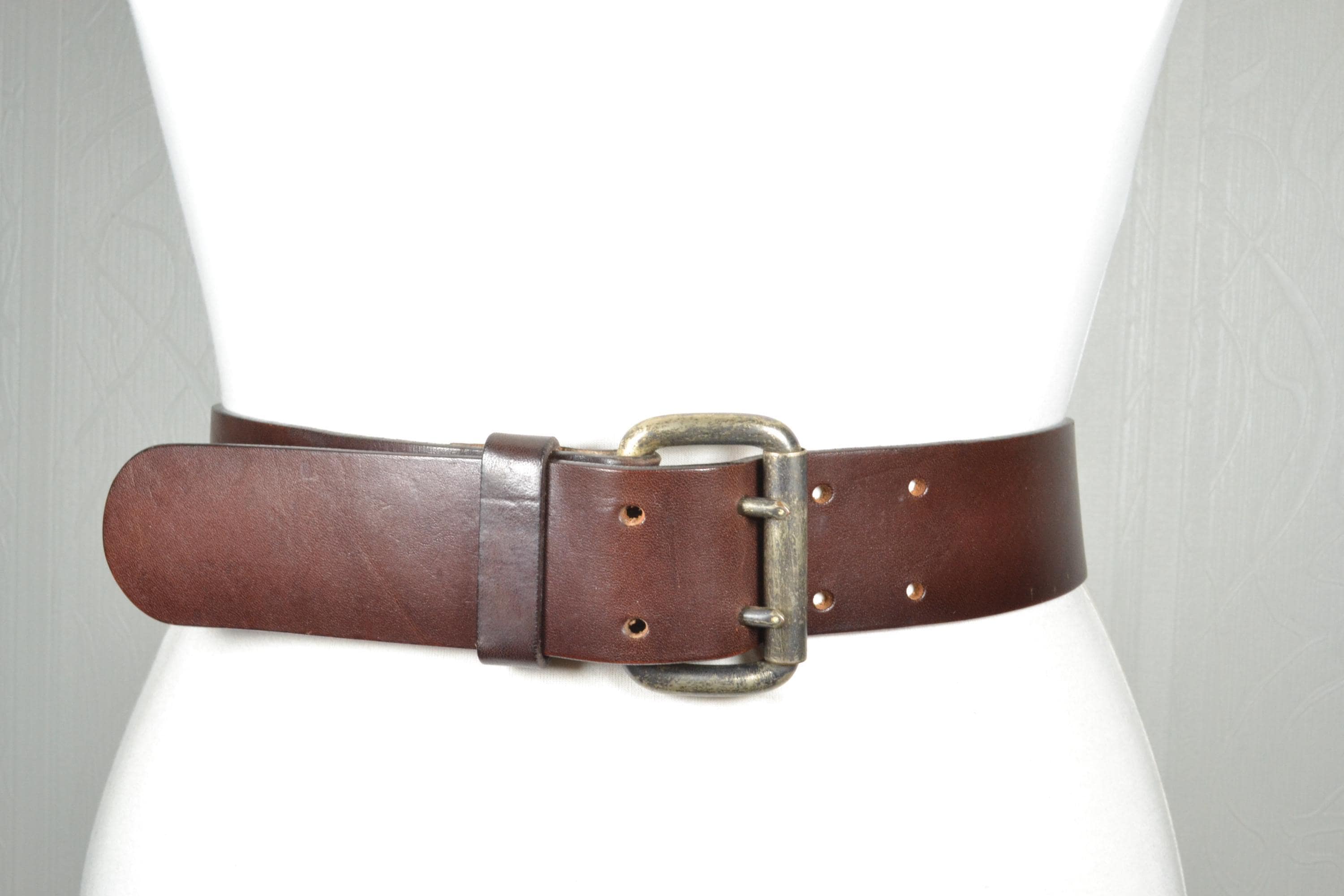Vintage Wide Brown Leather Belt With Antique Double Prong  display picture 1