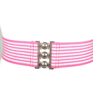 Vintage Pink Striped Elastic Belt, 80s Stretch Waist Belt with Bold Clasp,  Funky Pink Cinch Belt, Wide Pink Corset Belt