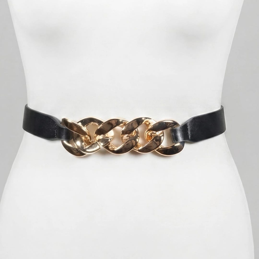 Vintage Black Belt With Gold Chain Link - Elegant Waist Accessory