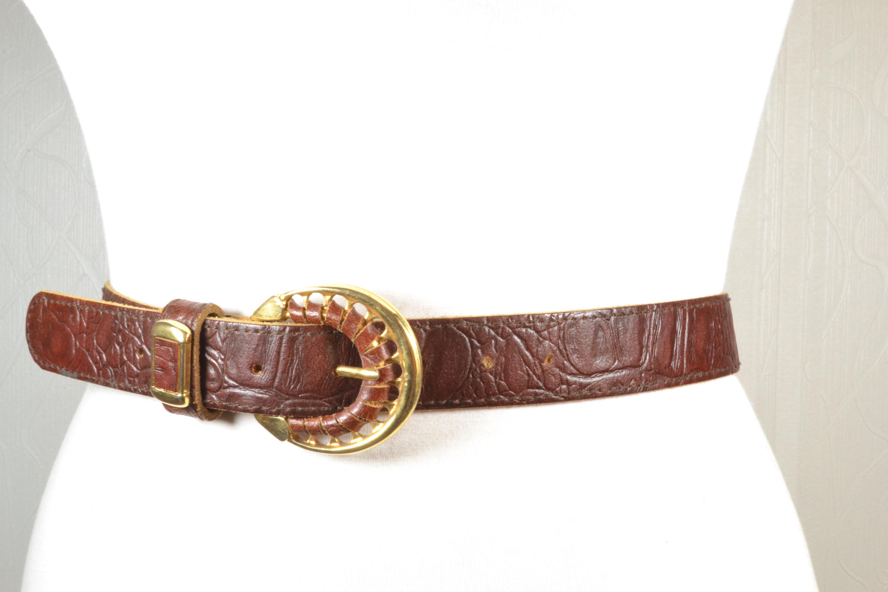 Brown Embossed Leather Belt for Women, Croc Pattern Belt  display picture 1