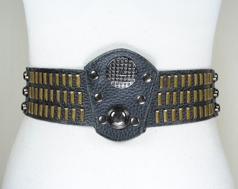Vintage Black Studded Leather Belt With Industrial Shield Buckle