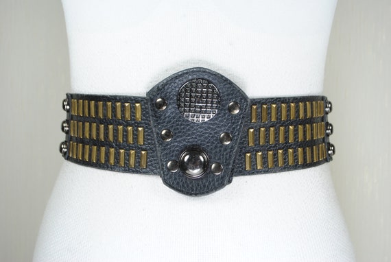 Black elastic Bronze riveted belt for women wide … - image 1