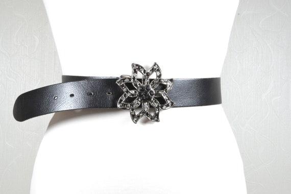 Vintage Black Leather Belt With Floral Silver Buckle - Etsy display picture 1