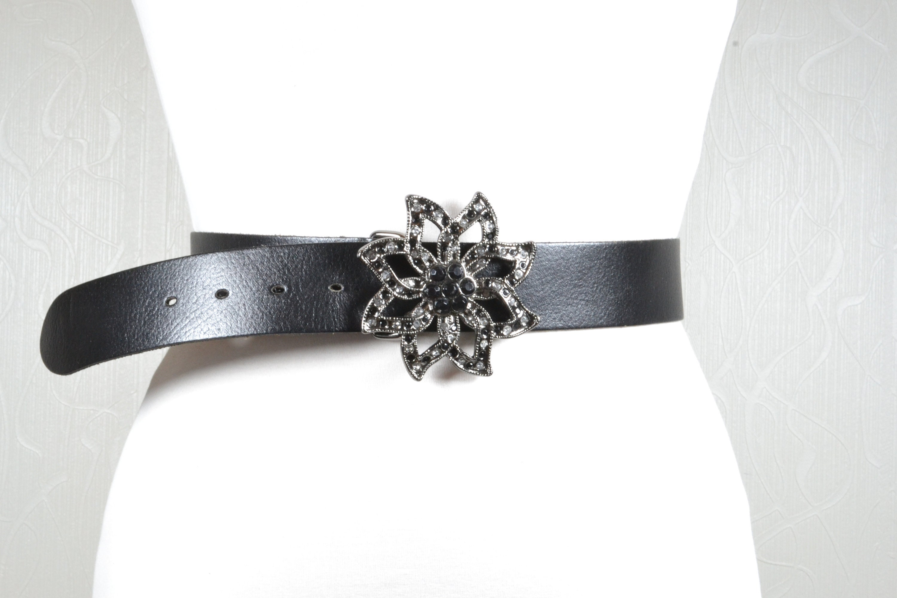 Vintage Black Leather Belt With Floral Silver Buckle - Etsy