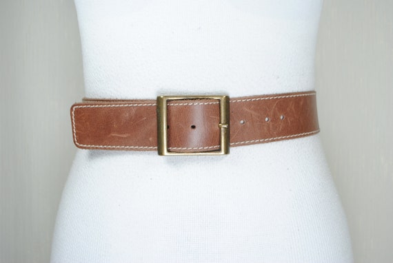 Vintage Boho Brown Leather Belt With Oversized Brass Buckle  display picture 3