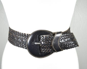 Vintage Leather Braided Waist Belt with Round Buckle - Black Women main image 2