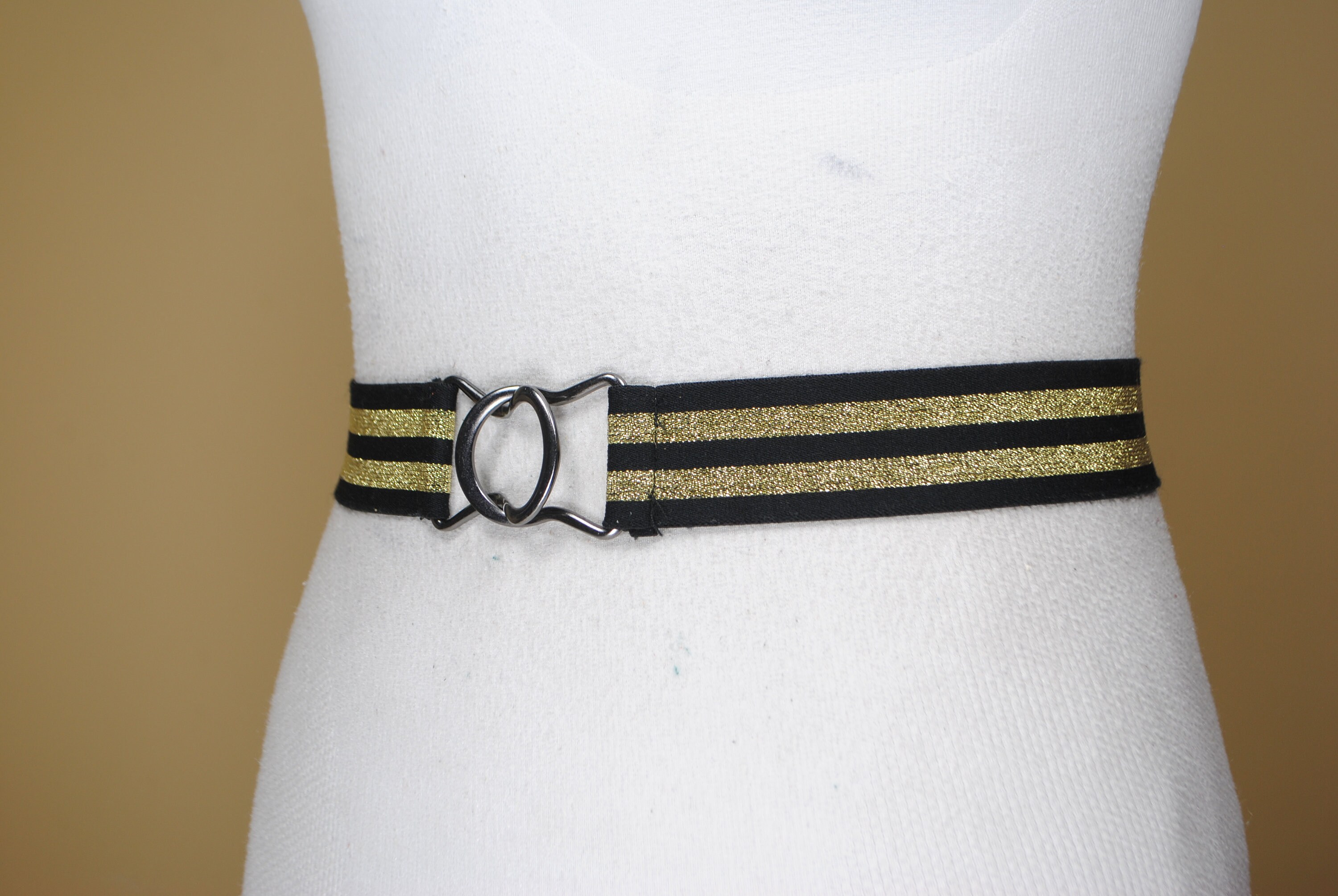 Vintage Black and Gold Striped Stretch Belt: Elastic Cinch  display picture 2