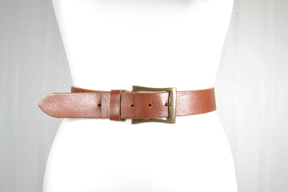 Vintage Brown Leather Waist Belt: Antique Brass Buckle, Wide  display picture 2