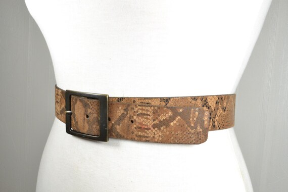 Vintage Tan Brown Python Pattern Leather Belt wit… - image 3