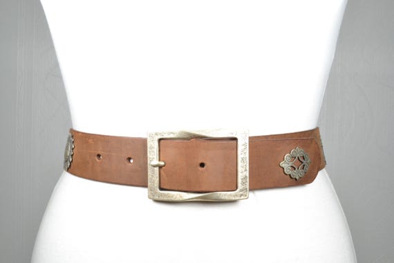 Vintage Western Brown Leather Belt With Cow and Floral Metal  display picture 2