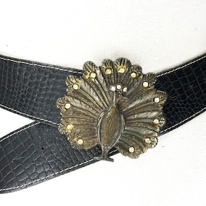 Wide Black Real Alligator Pattern Leather Belt with Large Brass Peacock Buckle and Rhinestones, Vintage 90's Black Elegant Belt