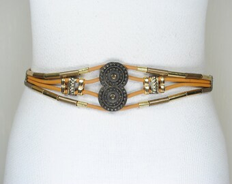 Vintage Brown Wide Leather Belt With Large Hammered Gold  display picture 1
