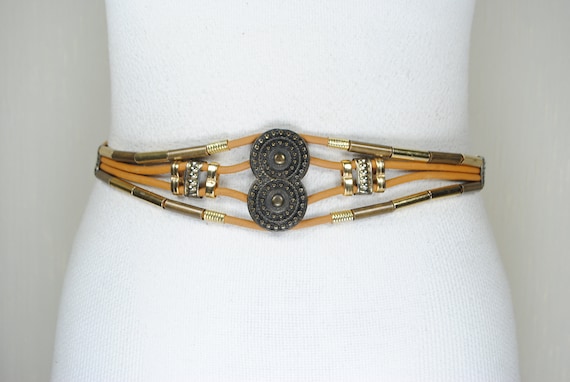 Vintage Beaded Waist Belt: Brown Leather, Double Medallion  display picture 3