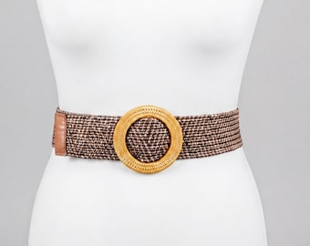 Vintage Brown Woven Belt: Boho Chic Elastic Waist with Round Buckle