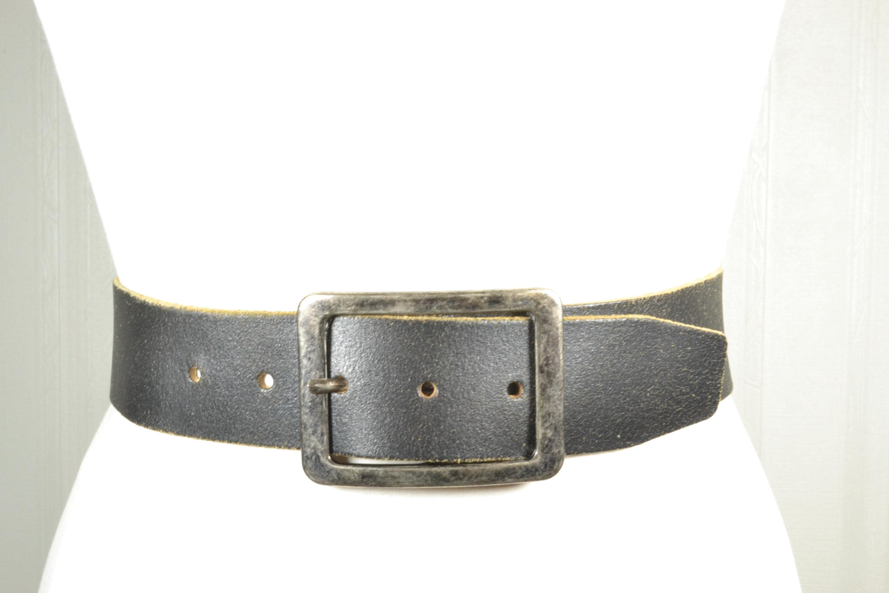 Vintage Black Leather Belt: Wide Square Buckle, Rustic LARP Style