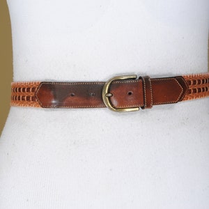 70s 36''-38'' Tan Brown Burnished Leather Belt for Women With Brass Buckle. Braided Woven Belt