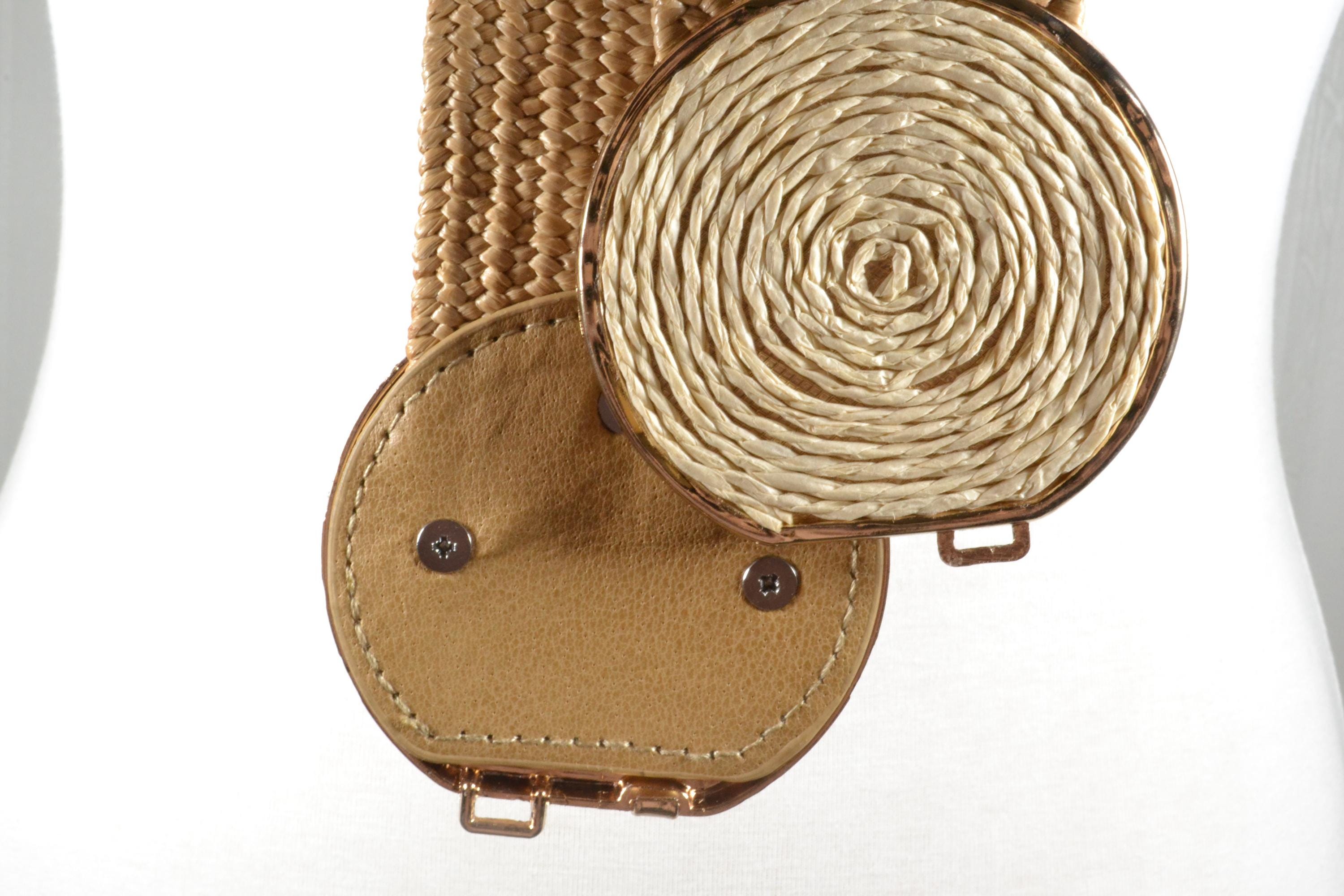 2 Pack Woven Stretch Raffia Belts with Circle Buckle Two Toned Pearl Metallic Raffia Belt | mostwantedusa main image 4