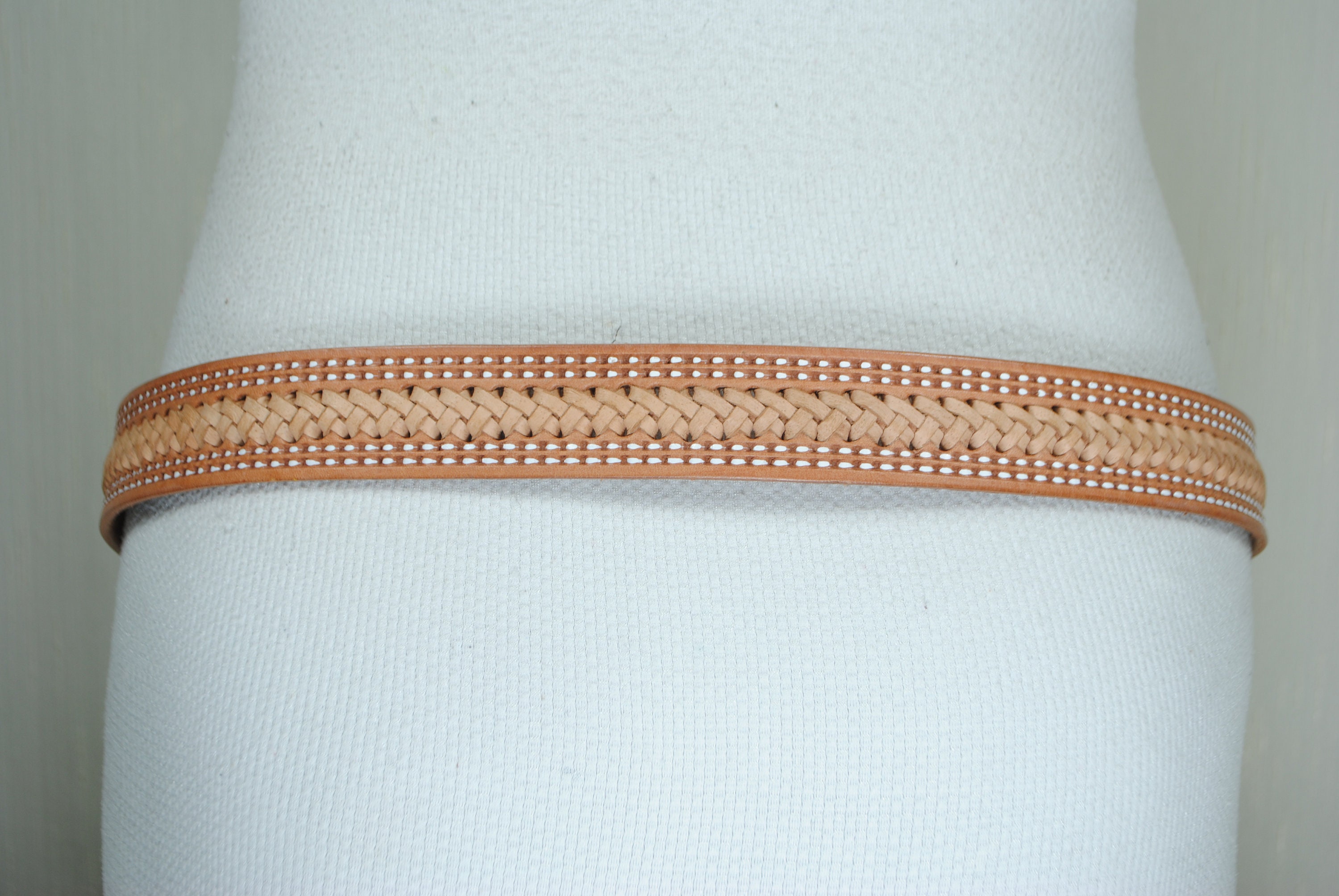 Tan Brown Western Boho Leather Belt With Stitched Detailing  display picture 1