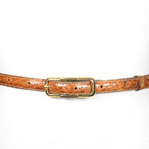Könnte beinhalten: Ein brauner Ledergürtel mit einer goldfarbenen rechteckigen Schnalle. Der Gürtel hat ein strukturiertes, reptilienartiges Muster. Der Gürtel wird auf einer weißen Schaufensterpuppe präsentiert.