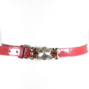 Vintage Skinny Red Faux Leather Belt: Gold Buckle with Crystal