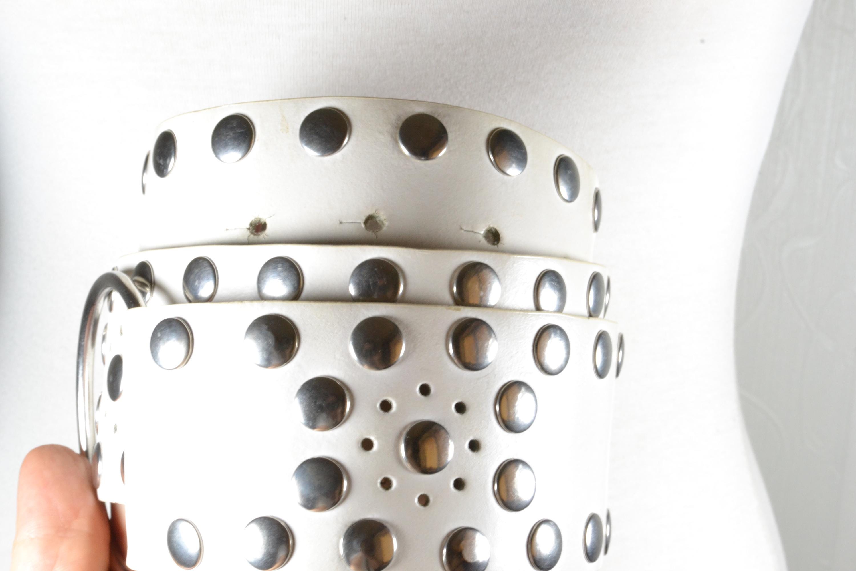 Vintage White Leather Belt: Silver Studs, Ring Buckle, Wide Waist
