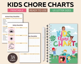 May include: Printable chore charts for kids in US letter size. The charts include a school day checklist, a daily checklist, and a day checklist. The cover features a colorful illustration of kids with the text "Kids Chore Chart".