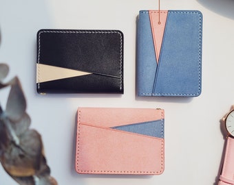 Small Leather Wallet, Slim Bifold ID Card Holder, Minimal Wallet for Women with Leather Contrast Design + 2 Outer Slots • "Geometry" Wallet