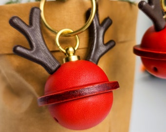 Handcrafted Leather Christmas Ornament Keychain: Red Jingle Bell with Antlers • US Tariffs Prepaid
