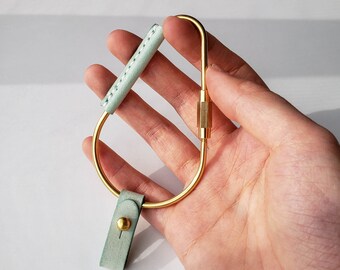 Mint “Pear” Carabiner Keychain • Brass Key Ring, Pastel Color Leather Key Chain