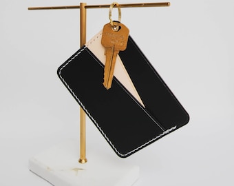 Cartera llavero de cuero fino: tarjetero geométrico cosido a mano, hecho en Canadá