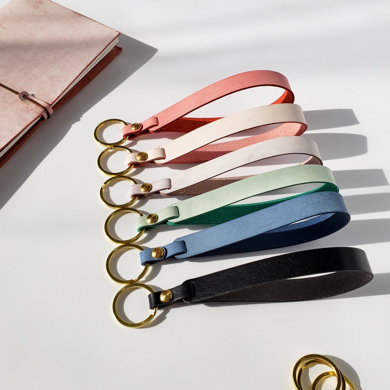 Leather Keychain Wristlet Long Keychain Brass Key Ring, Personalized Key Fob for Mom, Daughter & Bridesmaids Loop Key Wristlet image 2