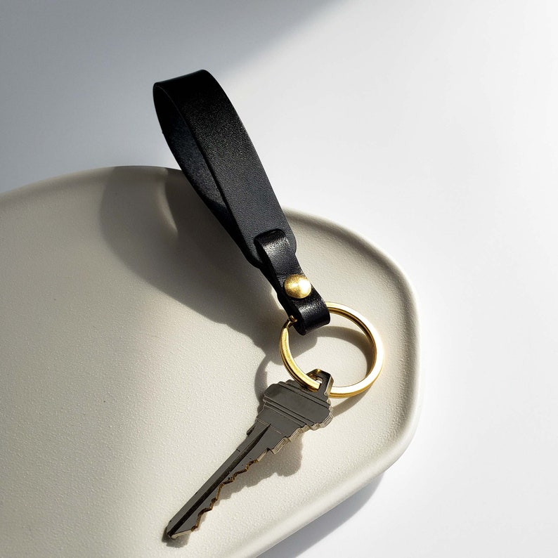 Personalized Leather Keychain for Women, Colorful Key Fob Strap with Gold Keyring, Cute Personal 2024 Bridesmaids' Gift Loop Black