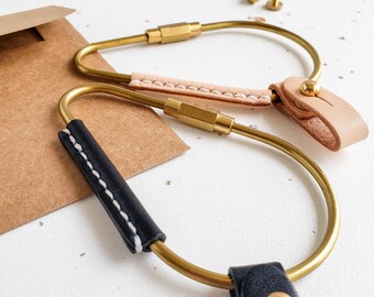 Black Leather Brass Keychain, Handcrafted EDC Clip, Minimalist Key Ring • US Tariffs Prepaid
