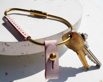 Pink Leather Brass Carabiner Keychain: Handmade Key Ring Canada • US Tariffs Prepaid