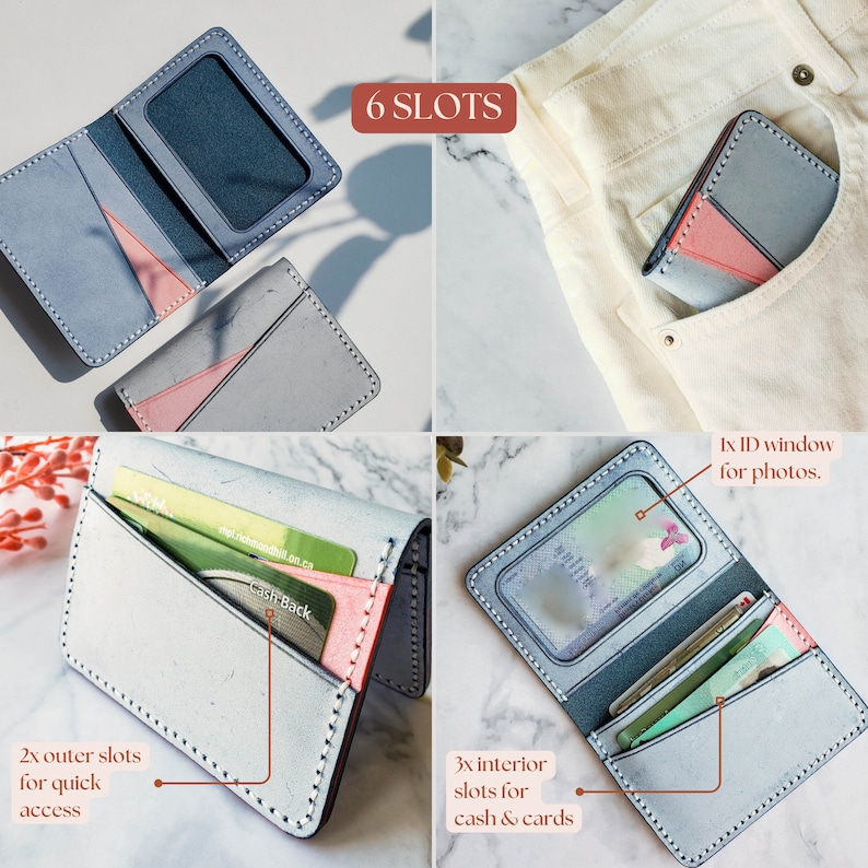 Puede incluir: Una cartera de cuero azul claro con detalles en gris y rosa. La cartera tiene seis ranuras, incluyendo dos ranuras exteriores para acceso r&aacute;pido, tres ranuras interiores para efectivo y tarjetas, y una ventana de identificaci&oacute;n para fotos. El texto "6 SLOTS" es visible.