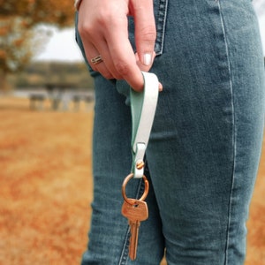 Personalized Leather Keychain for Women, Colorful Key Fob Strap with Gold Keyring, Cute Personal 2024 Bridesmaids' Gift Loop Mint