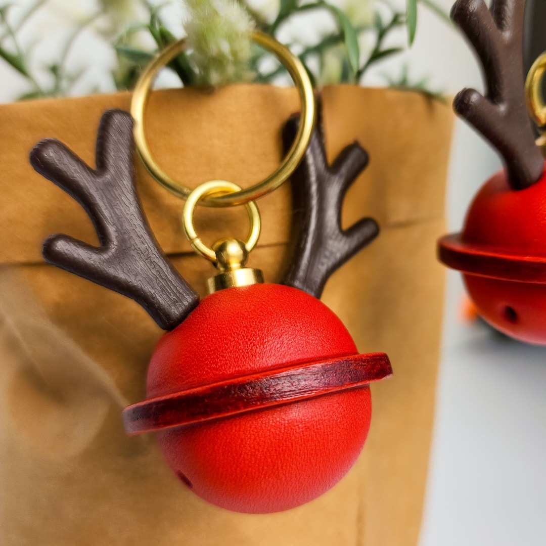 Red Jingle Bell Christmas Keychain With Antlers, Handcrafted Leather