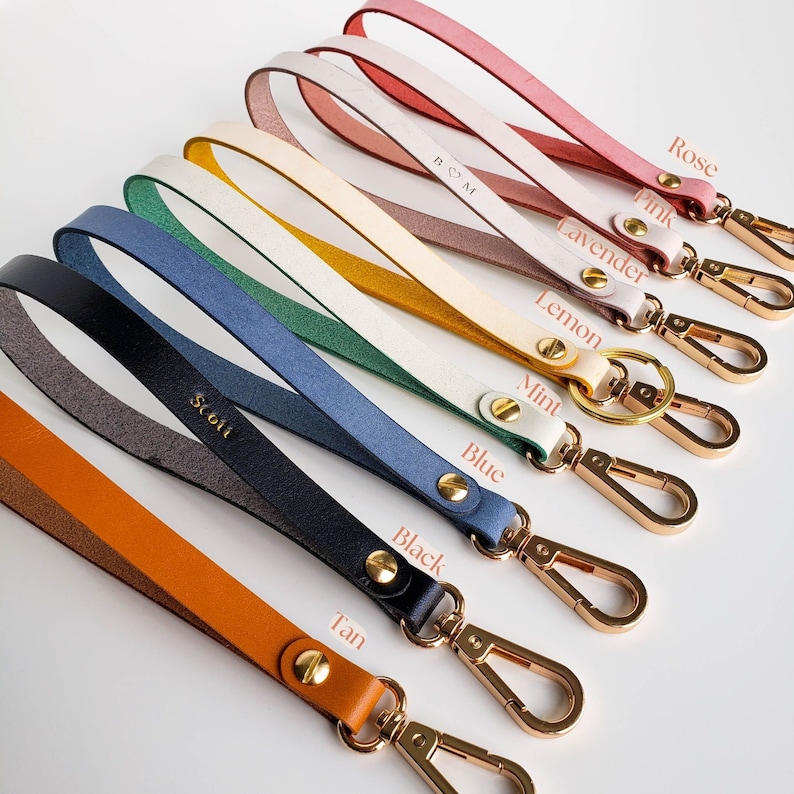 Leather Keychain Wristlet, Key Lanyard For Women, Leather Key Strap, Personalized New Year's Gift For Her Lemon