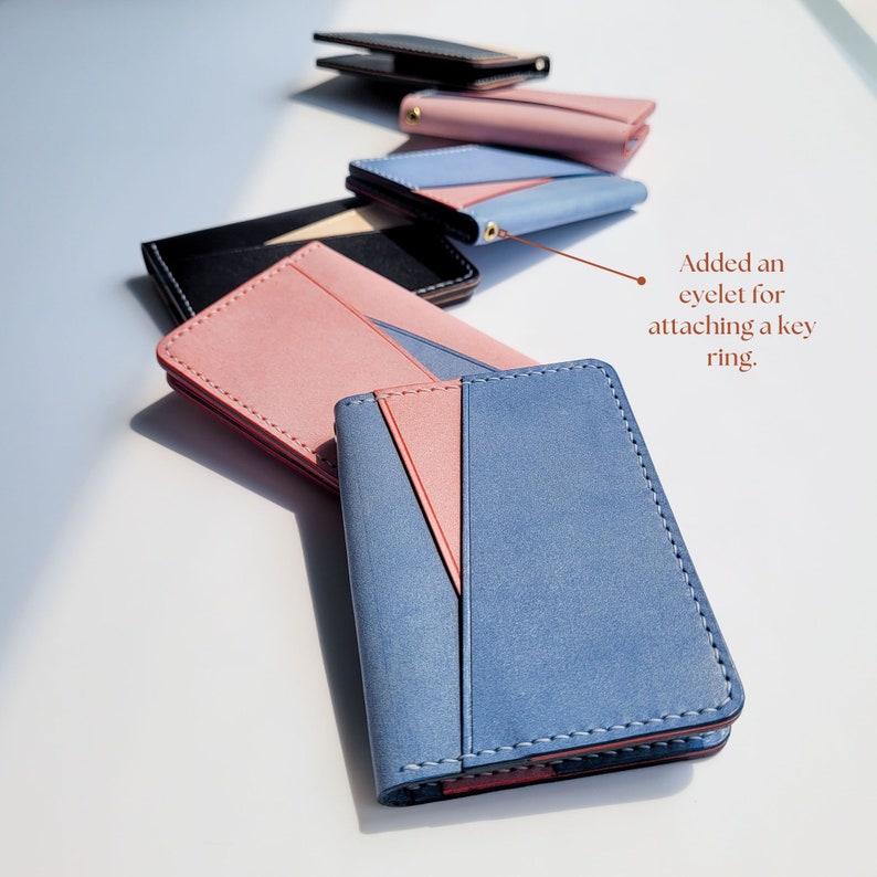 Small Leather Wallet, Slim Bifold ID Card Holder, Minimal Wallet for Women with Leather Contrast Design 2 Outer Slots Geometry Wallet image 6