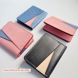 Small Leather Wallet, Slim Bifold ID Card Holder, Minimal Wallet for Women with Leather Contrast Design 2 Outer Slots Geometry Wallet image 2